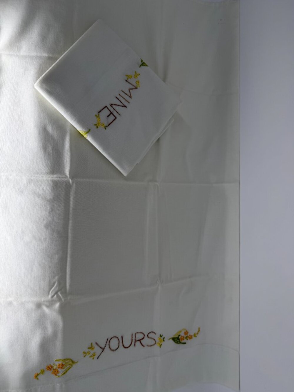 Vintage Hand Stitched Pillowcases "Yours" Mine" with floral accents